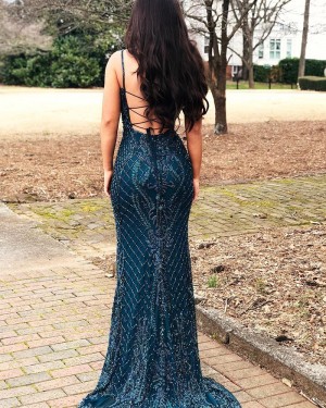 Gorgeous Lace Navy Blue Square Beading Mermaid Evening Dress PD1766
