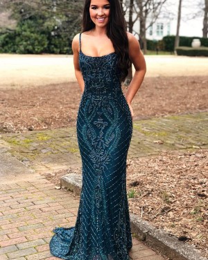 Gorgeous Lace Navy Blue Square Beading Mermaid Evening Dress PD1766