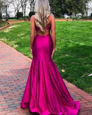 Simple Rose Red Satin High Neck Mermaid Prom Dress with Side Slit PD1769