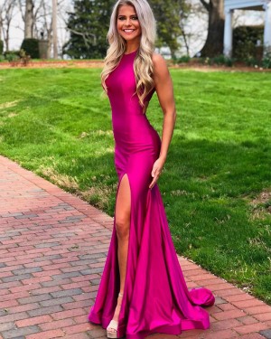 Simple Rose Red Satin High Neck Mermaid Prom Dress with Side Slit PD1769