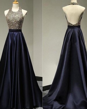 High Neck Navy Blue Satin Beading Bodice Prom Dress PD1771