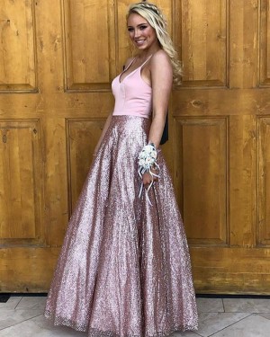 Light Pink Spaghetti Straps Prom Dress with Sequin Skirt PD1773