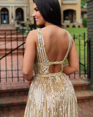 Elegant Gold Sequin Sparkle V-neck Sheath Evening Dress PD1774