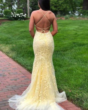 Light Yellow Spaghetti Straps Lace Mermaid Prom Dress PD1775