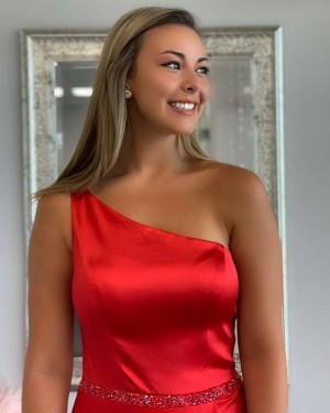 Red Satin Pleated One Shoulder Prom Dress with Side Slit PD1778
