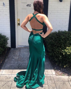 Cutout Mermaid V-neck Green Satin Prom Dress PD1779