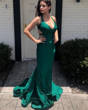 Cutout Mermaid V-neck Green Satin Prom Dress PD1779