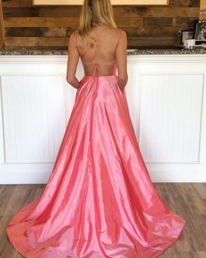 Simple Peach Pink Double Straps Prom Dress with Side Slit PD1783