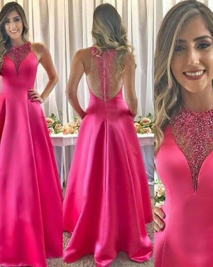 Rose Red Sparkle Jewel Beading Satin Prom Dress PD1787