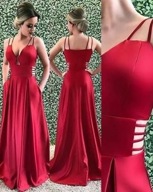 Burgundy Satin Double Straps Cutout Prom Dress with Pockets PD1791