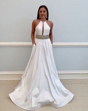 Satin Beading High Neck White Prom Dress with Pockets PD1793