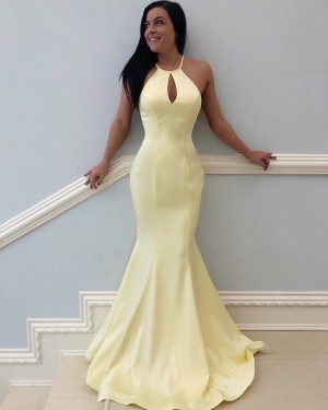 Light Yellow High Neck Satin Mermaid Prom Dress PD1794