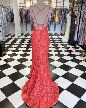 Fuchsia Double Spaghetti Straps Lace Mermaid Prom Dress with Side Slit PD1990