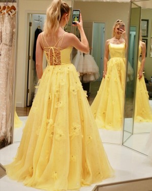 Yellow Spaghetti Straps A-line Prom Dress with Handmade Flowers PD1993