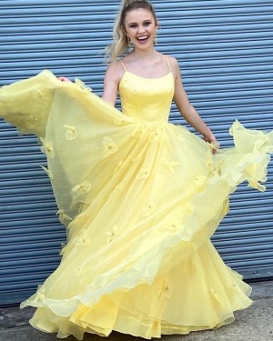 Yellow Spaghetti Straps A-line Prom Dress with Handmade Flowers PD1993