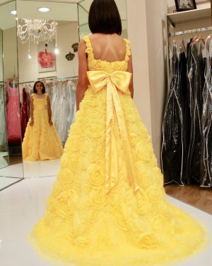 Yellow 3D Flower Lace Square Neckline Prom Dress with Bowknot PD1999