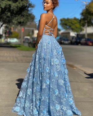 Spaghetti Straps Light Blue Lace A-line Prom Dress PD2007