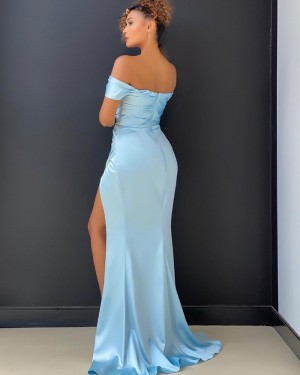 Light Blue Satin Off the Shoulder Prom Dress with Side Slit PD2010