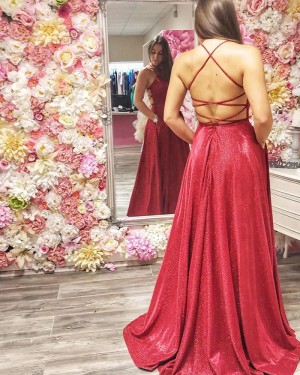 Metallic Red Ruched Spagehtti Straps Prom Dress PD2020