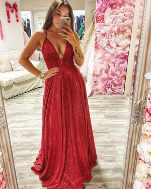 Metallic Red Ruched Spagehtti Straps Prom Dress PD2020