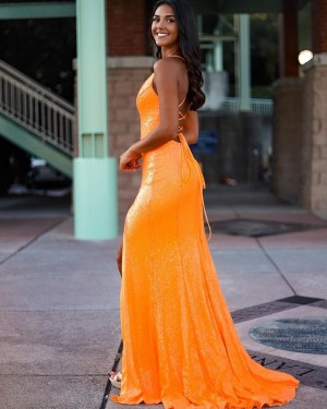 Orange Sequin Mermaid V-neck Prom Dress with Side Slit PD2022