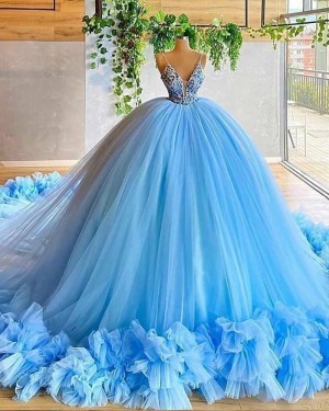 Red Spaghetti Straps Beading Bodice Tulle Ball Gown Evening Dress with Handmade Flowers PD2023