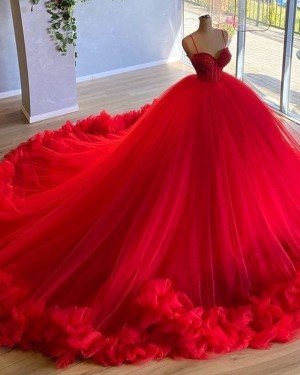 Red Spaghetti Straps Beading Bodice Tulle Ball Gown Evening Dress with Handmade Flowers PD2023