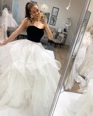 Strapless Black & White Tulle Ruffle Simple Prom Dress PD2028