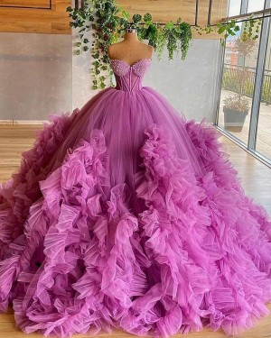 Purple Beading Bodice Tulle Ruffle Pleated Sweetheart Ball Gown Evening Dress PD2032