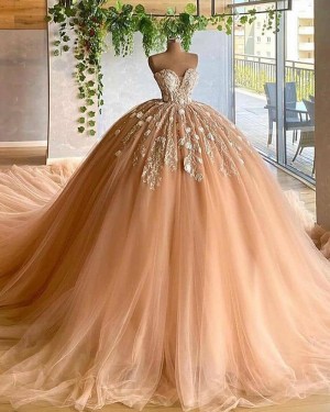 Applique Tulle Pleated Sweetheart Champagne Ball Gown Evening Dress PD2033