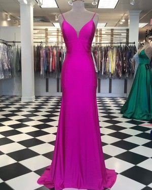 Spagehtti Straps Fuchsia Satin Mermaid Simple Prom Dress PD2040