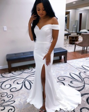 Off the Shoulder White Mermaid Simple Prom Dress with Side Slit PD2042
