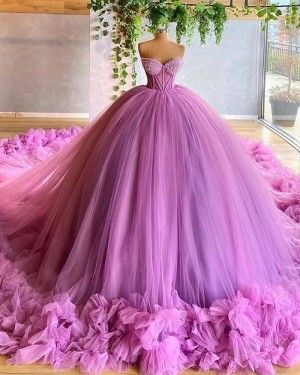 Gorgeous Sweetheart Beading Bodice Tulle Lavender Ball Gown Evening Dress with Handmade Flowers PD2048