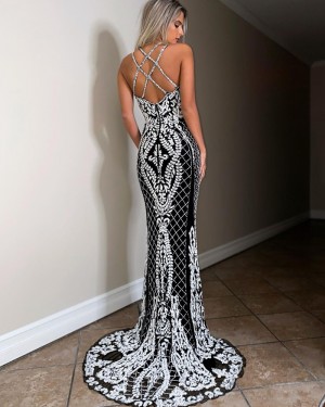 Beading Spaghetti Straps Lace White & Black Mermaid Prom Dress PD2049
