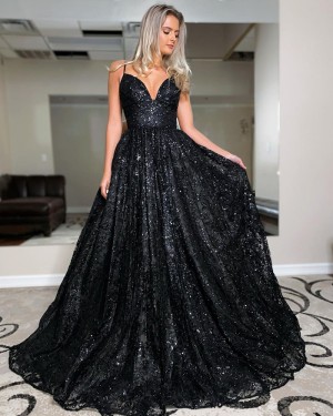 Black Spaghetti Straps Sequin A-line Prom Dress PD2050