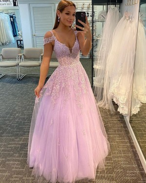 Lace Applique Cold Shoulder Tulle Pink Prom Dress PD2053