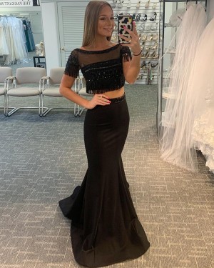 Black Two Piece Bateau Neck Satin Mermaid Prom Dress with Tassels PD2054