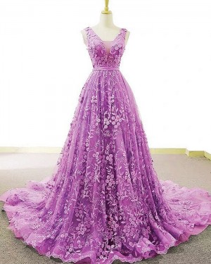 V-neck Light Purple Lace A-line Prom Dress PD2060