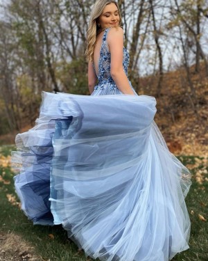 Beaded 3D Flowers V-neck Dusty Blue Tulle Prom Dress PD2067
