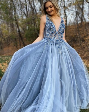 Beaded 3D Flowers V-neck Dusty Blue Tulle Prom Dress PD2067