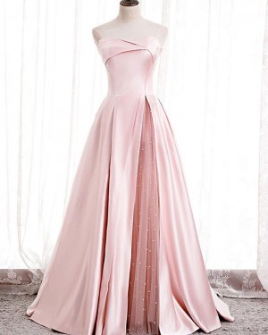 Light Pink Satin Strapless Evening Dress with Beading Tulle Slit PD2074