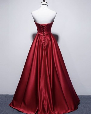 Strapless Red Satin Ruched Simple Prom Dress PD2075