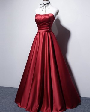 Strapless Red Satin Ruched Simple Prom Dress PD2075