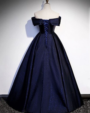 Navy Blue Glitter-Knit Off the Shoulder Evening Dress PD2077