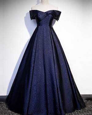 Navy Blue Glitter-Knit Off the Shoulder Evening Dress PD2077
