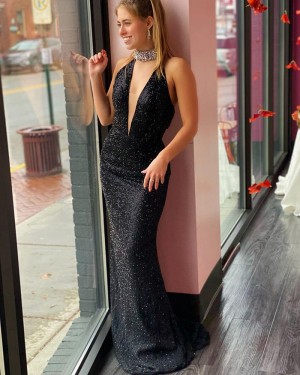 Glitter-knit Mermaid Black Deep V-neck Prom Dress PD2086