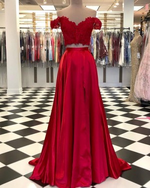 Off the Shoulder Red Lace Bodice Satin Two Piece Prom Dress with Side Slit PD2092