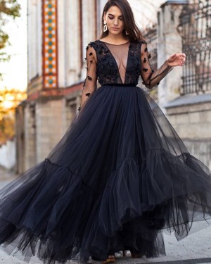 Tulle Black 3D Flowers Pleated Jewel Neck Prom Dress with Long Sleeves PD2097