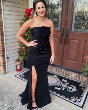 Strapless Black Satin Ruched Mermaid Simple Prom Dress with Side Slit PD2100