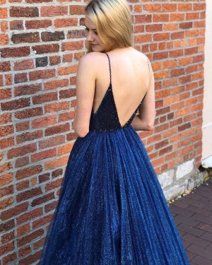 Navy Blue Spaghetti Straps Pleated Sequin & Beading Bodice Prom Dress PD2112